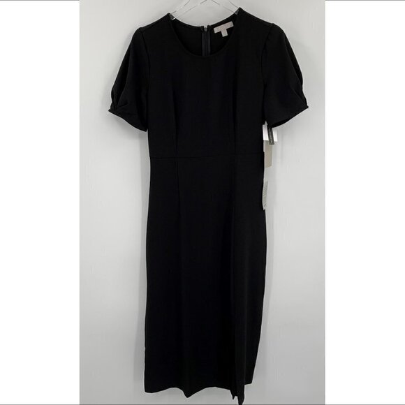 Chelsea 28 pleat sleeve black sheath shift midi dress crepe front slit new Large - Picture 2 of 6